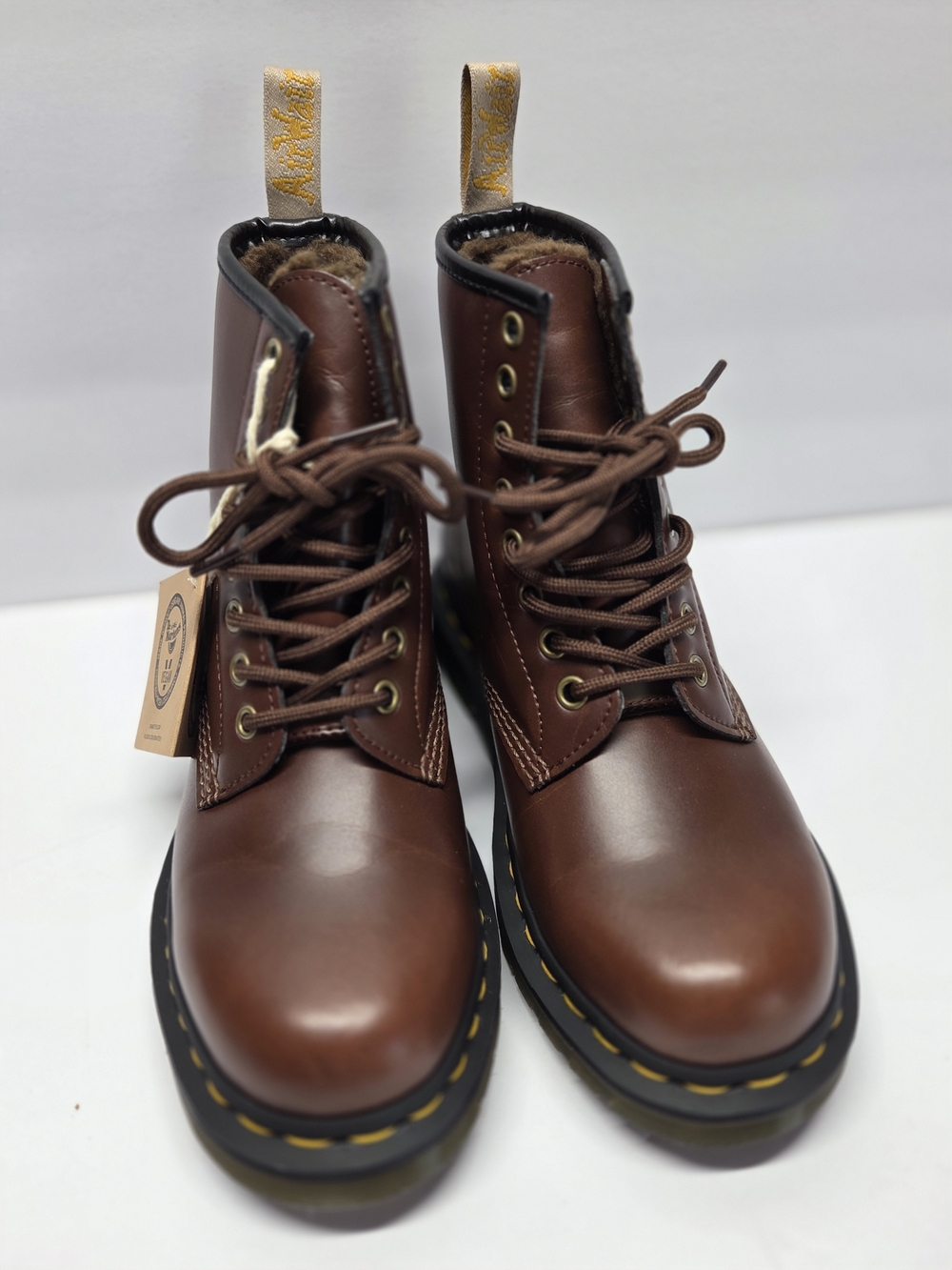 Dr. Martens Brown Leather Lace-Up Ankle Boots with Yellow Stitching